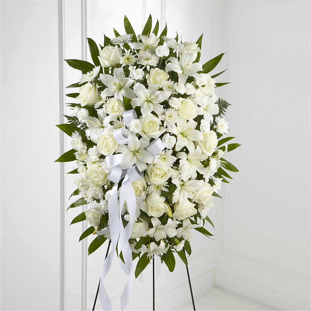 Exquisite Tribute Standing Spray-White Ribbon – Nextdayflowers.net, Tontitown AR