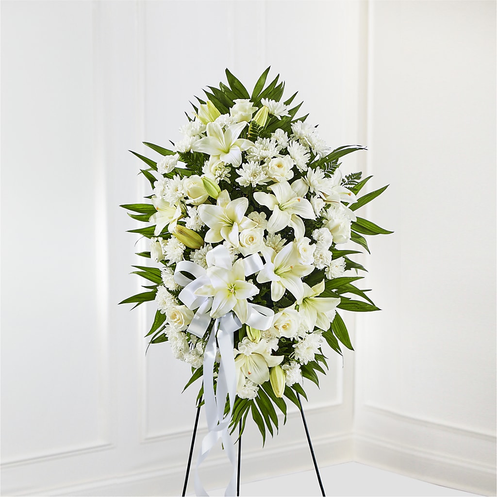 Exquisite Tribute Standing Spray-White Ribbon – Nextdayflowers.net, Tontitown AR
